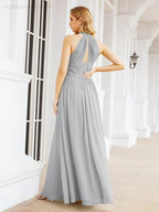 Numbersea Abito da damigella d'onore lungo senza maniche con collo all'americana per festa, matrimonio, sera 28054