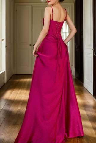 Vestido de noche de satén rosa intenso, corte en A, Y7717