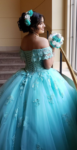 Schulterfreies Spitzen-Tüll-Ballkleid mit Prinzessinnen-Print Y3087