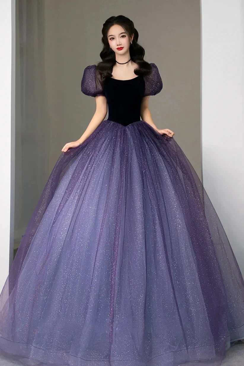 Purple Tulle Short Sleeve Formal Dress Cute A-Line Evening Dress Y4291 by simplepromdress