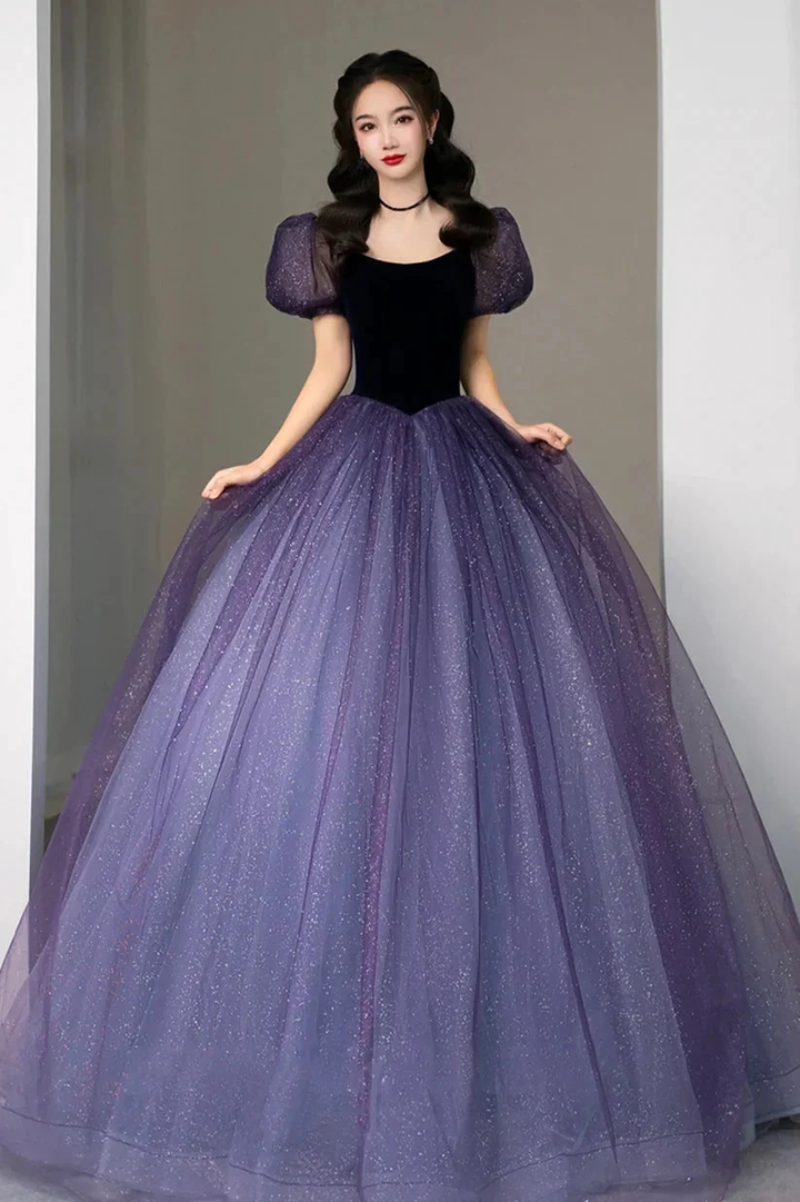 Purple Tulle Short Sleeve Formal Dress Cute A-Line Evening Dress Y4291 by simplepromdress