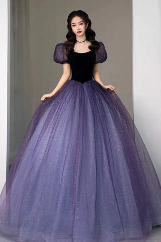 Vestido formal de tul morado de manga corta, bonito vestido de noche de corte A Y4291