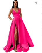 V-Neck Slit Satin Long Prom Dress Spaghetti Strap Evening Ball Gown with Pockets S14431 by simplepromdress
