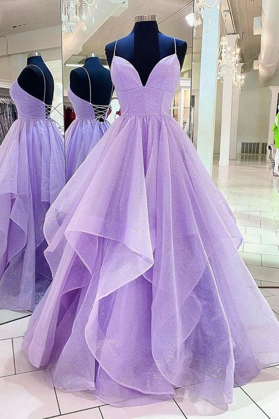 Purple Tulle Long A-Line Prom Dress, Beautiful Spaghetti Strap Formal Evening Dress Y1178 Hover Image