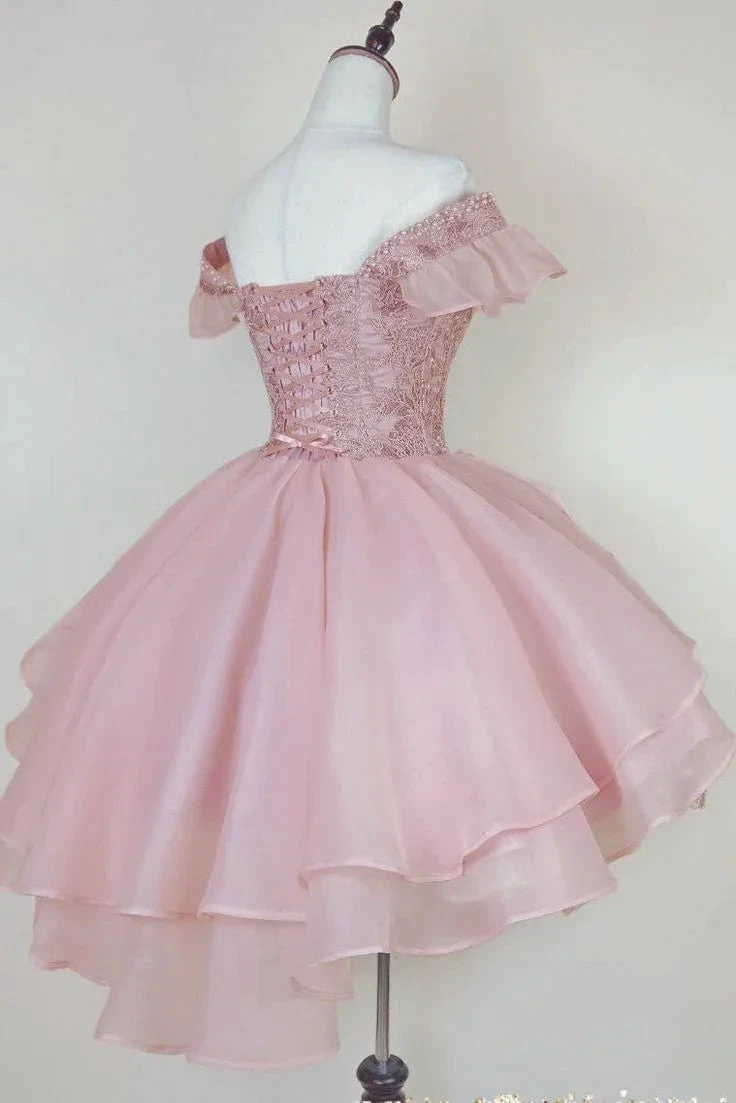 Princess Pink Lace Applique Short Homecoming Dress Y2502 by simplepromdress