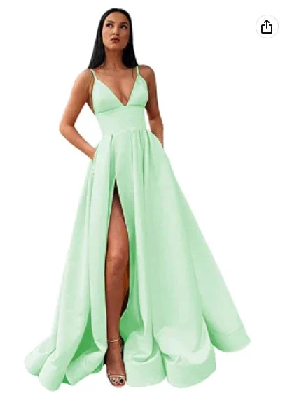 V-Neck Slit Satin Long Prom Dress Spaghetti Strap Evening Ball Gown with Pockets S14431 by simplepromdress