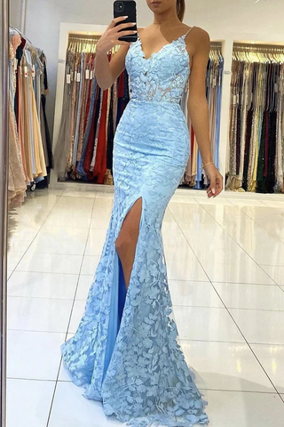 Mermaid V Neck Backless Blue Lace Long Prom Dress, Mermaid Blue Lace Formal Dress, Blue Lace Evening Dress Y1465