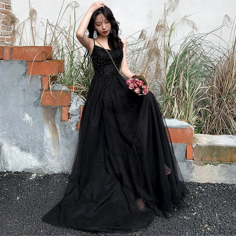 Black tulle beads long prom dress black evening dress Y1134 by simplepromdress