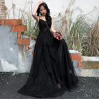 Black tulle beads long prom dress black evening dress Y1134 by simplepromdress