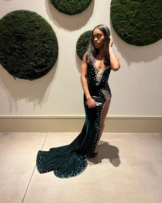 Green Velvet Prom Dress African Mermaid Evening Dress With Slit Y6480 by simplepromdress