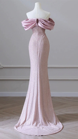 Fleischrosa Pailletten Abendkleid Elegantes Damen Schulterfrei Party Prom Abendkleid Y6963