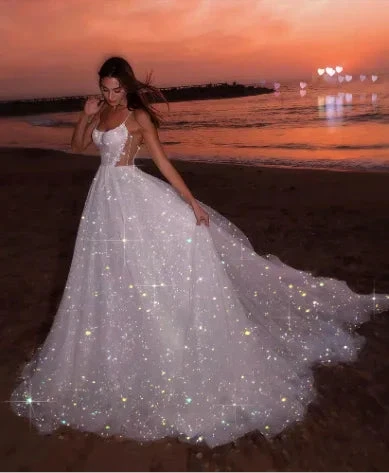 Glitter White Sequin Tulle Prom Evening Dress, A-line Sleeveless Beach Long Wedding Gown Y8011 by simplepromdress