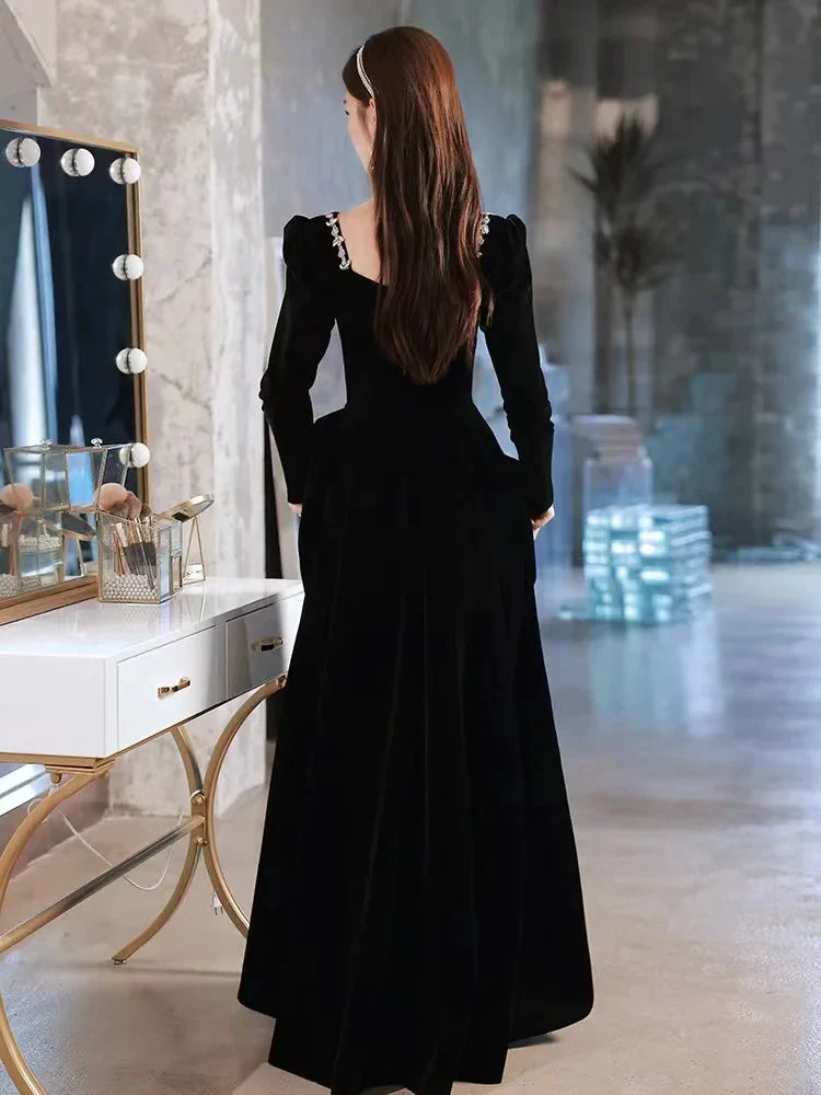 Black evening dress,high sense velvet long sleeve evening dress, custom made Y2934 by simplepromdress