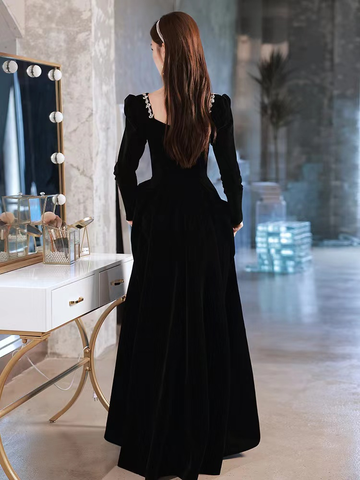 Vestido de noche negro, vestido de noche de manga larga de terciopelo de alta calidad, hecho a medida Y2934