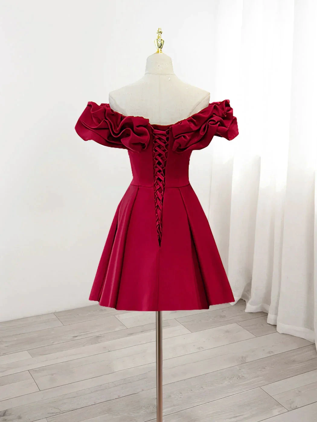 Burgundy A-Line Off Shoulder Satin Homecoming Dress Y2506 by simplepromdress