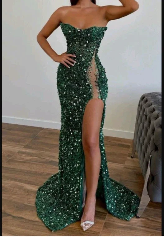Green Evening Dresses Long Luxury Glitter Sleeveless Mermaid Evening Gowns Sexy Side Slit Prom Dress Y1899 by simplepromdress