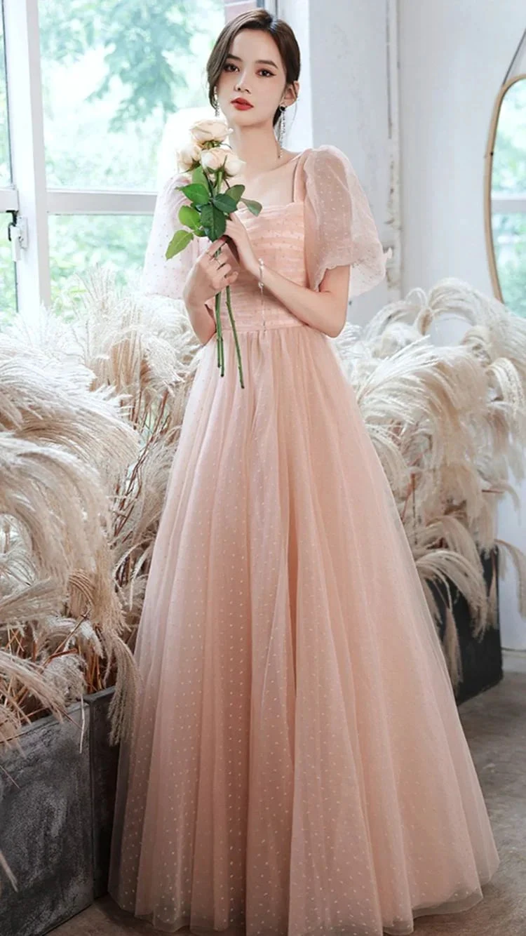 Pink tulle long A line prom dress pink evening gown Y1926 by simplepromdress