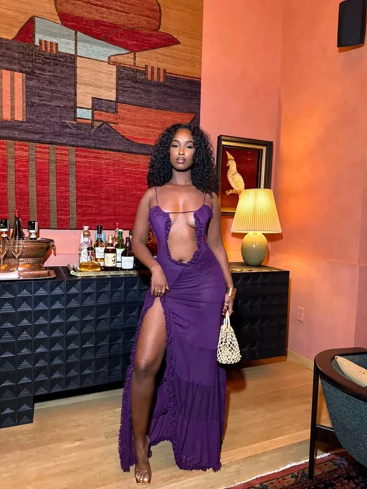 Sexy Purple Ruffles Slit Prom Evening Dress Y8261 by simplepromdress