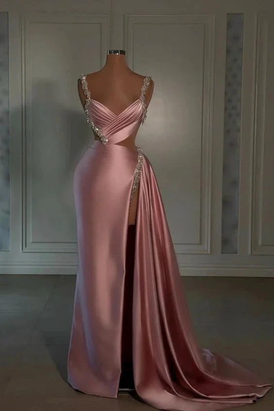 Glamorous Pink Evening Dress Sweetheart Spaghetti Strap With High Slit Trail Y6714 by simplepromdress