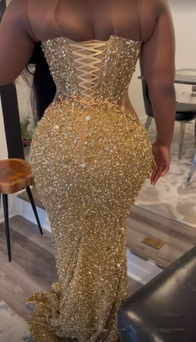 Luxurious Gold Sequins Appliques Evening Dress Mermaid Prom Dress Y7880