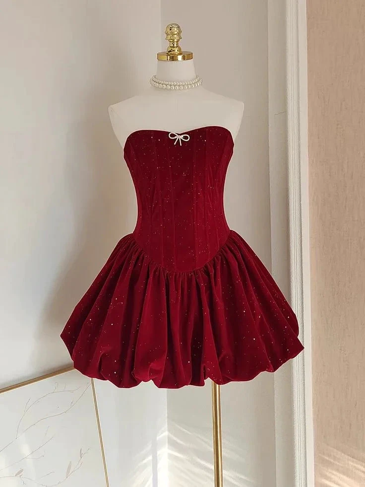 Cute A Line Strapless Burgundy Velvet Ruffles Homecoming Dress Y7972 by simplepromdress
