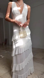 Simple White V Neck Chiffon Ruffle Prom Dress Backless Long Evening Dress Y8500 by simplepromdress