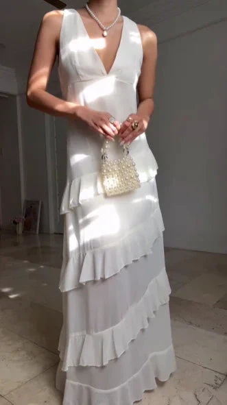 Simple White V Neck Chiffon Ruffle Prom Dress Backless Long Evening Dress Y8500 by simplepromdress