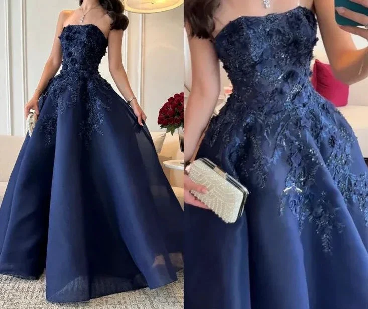 Gorgeous Navy Blue Strapless Appliques A Line Prom Dress Evening Dress Y8274 by simplepromdress