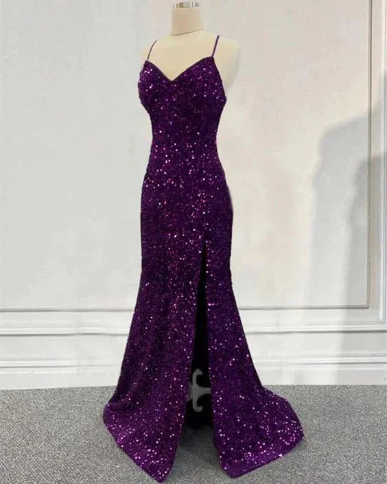 Dark Purple Prom Dress Sequin Mermaid Formal Evening Dress Split Y7212 by simplepromdress