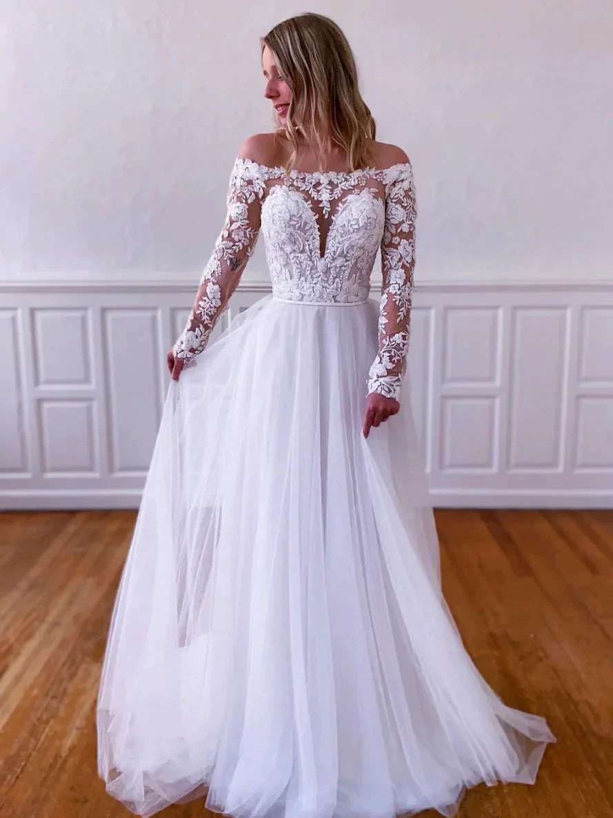White lace tulle long prom dress, white lace tulle evening dress Y251 by simplepromdress