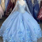 Light Blue Quinceanera Dresses Flowers Ball Gown Off Shoulder Lace Appliques 3d Floral Crystal Beads Long Sleeves Sweet 16 Dress Y759 by simplepromdress