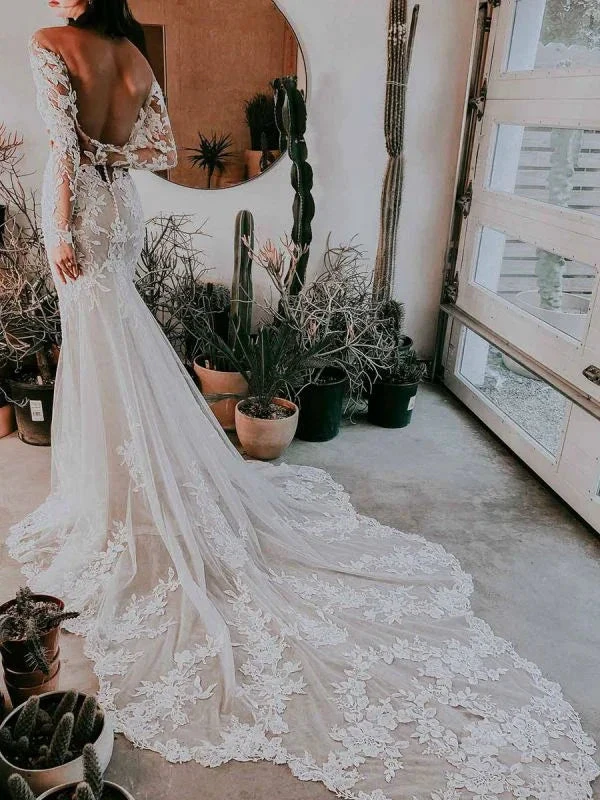 White Wedding Dress Illusion Neckline Long Sleeves Backless Natural Waist Lace With Train Long Bridal Mermaid Dress Y101 by simplepromdress