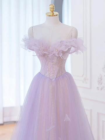 A-Linie Lila Off Shoulder Langes Ballkleid, Lila Abendkleider Y1783