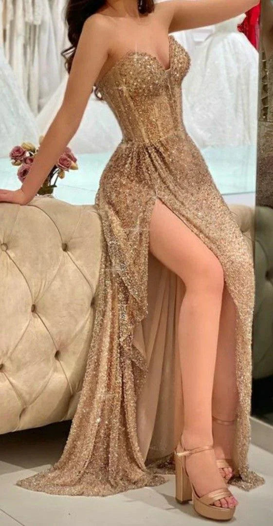 Shiny Sweetheart A-line Prom Dress With Split Charming Evening Gown Y6646 by simplepromdress