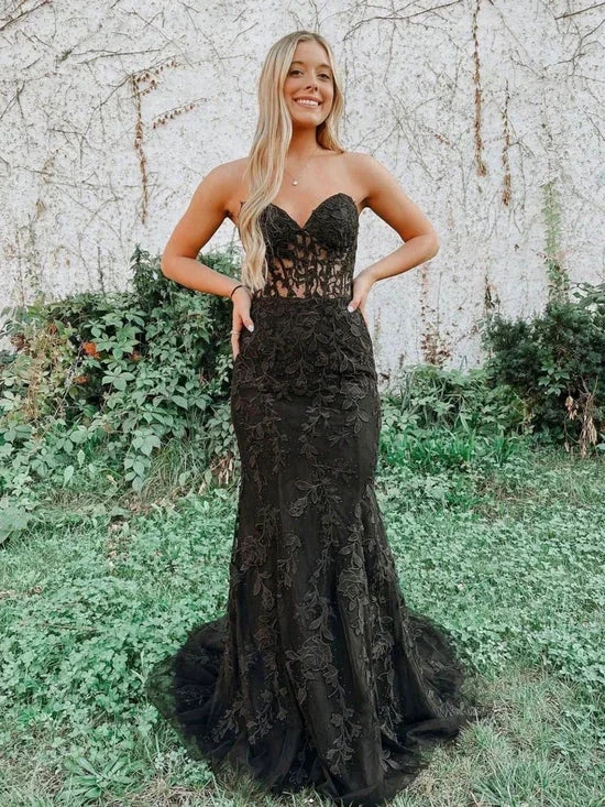 Black tulle lace mermaid long prom dress, black tulle lace evening dress Y1788 by simplepromdress