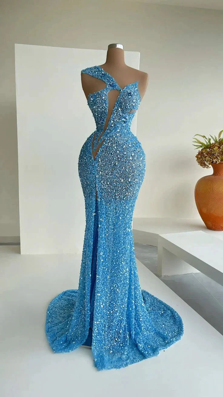 Blue Mermaid Sequins Celebrity Dresses Charming Evening Dress Y31 by simplepromdress