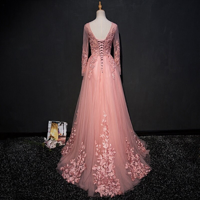 CHIC A-LINE SCOOP FLOOR LENGTH PINK TULLE APPLIQUE PROM DRESS EVENING DRESS Y1177 Main Image