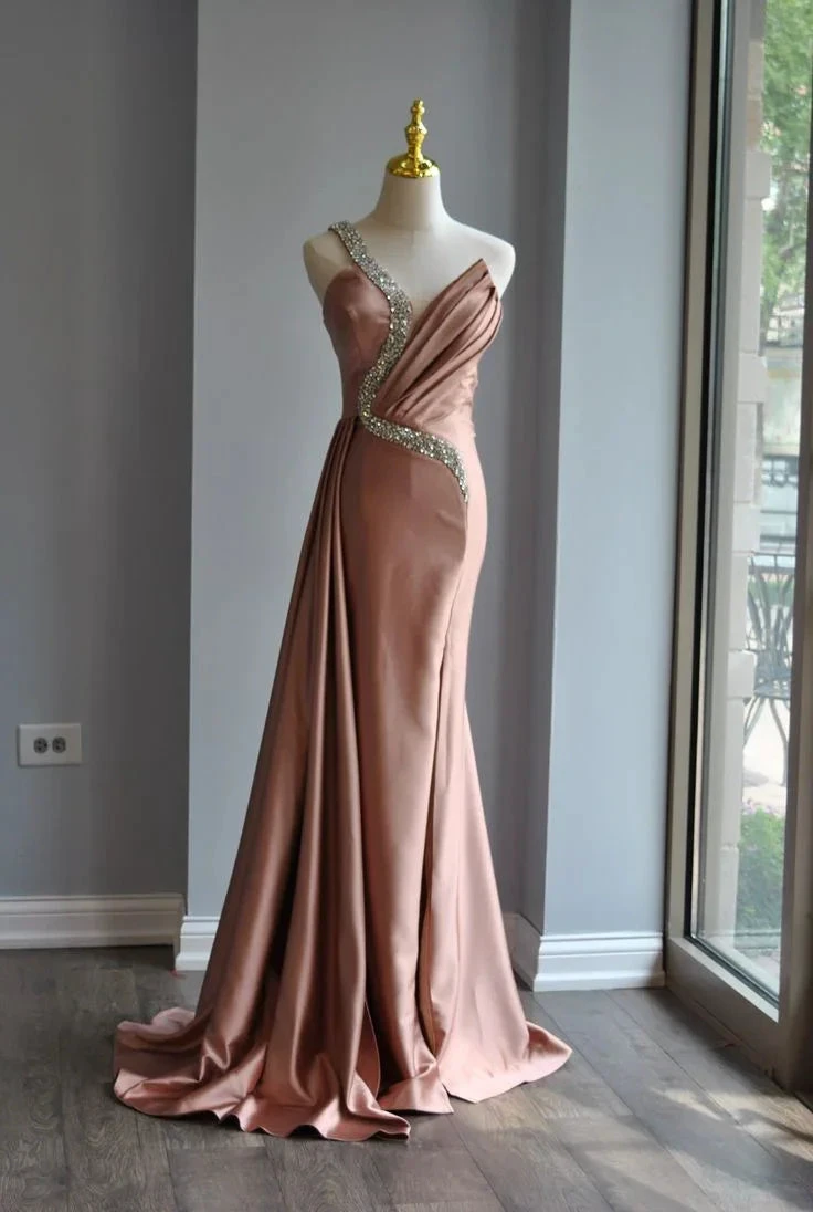Rose Pink Crystal Beaded Evening Dress One Shoulder Satin Mermaid Long Prom Dress Y8519 by simplepromdress