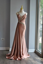 Rose Pink Crystal Beaded Evening Dress One Shoulder Satin Mermaid Long Prom Dress Y8519 by simplepromdress