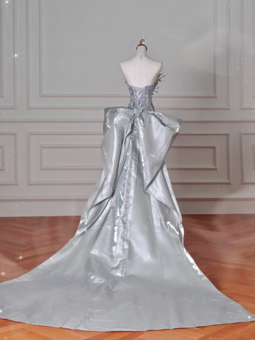 Luxury Silver Sequin 3D Beaded Mermaid Evening Dress Long Prom Dress With Bow Y8640