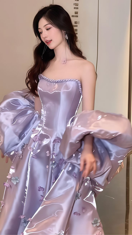 Pretty Lilac Satin Appliques Prom Dress Strapless A-Line Evening Gown Y7903