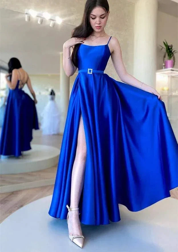 Ankle-Length Satin Prom Dress/Evening Dress with A-Line Square Neckline and Spaghetti Straps Waistband Y6219 by simplepromdress