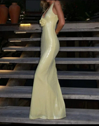 Sexy V Neck Yellow Sequins Sheath Prom Evening Dress With Flowers Y7891 by simplepromdress