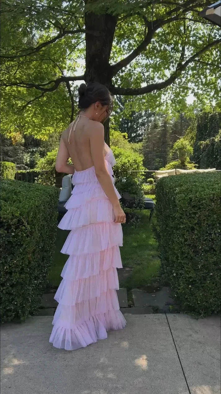 Sexy Halter Pink Layered Long Prom Evening Dresses,Chic Formal Gown Y1586 by simplepromdress