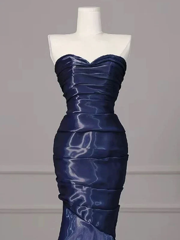 Gorgeous Nevy Blue Mermaid Strapless Pleated Long Prom Dress Evening Dress Y7987