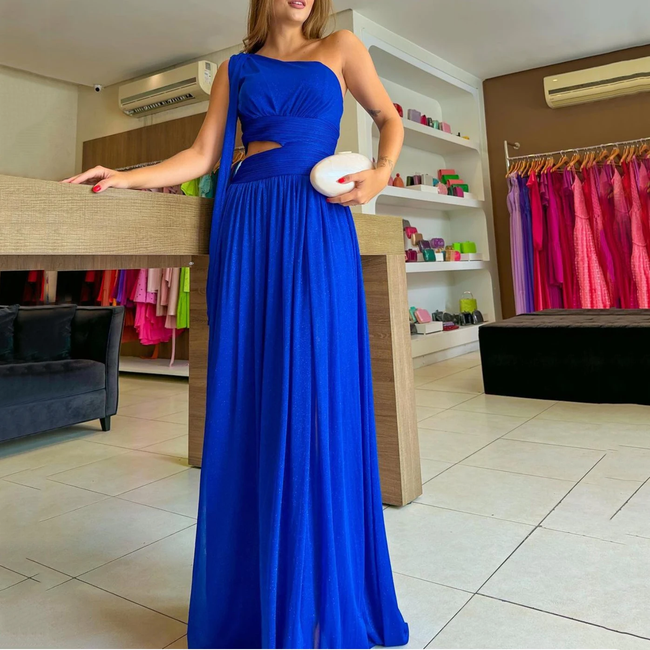 Royal Blue One Shoulder Long Evening Dress Women Sexy Formal Chiffon Prom Party Gowns Y4838 Hover Image