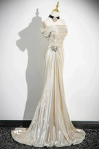 Charming Champagne Off The Shoulder Satin Prom Dress Mermaid Evening Gown Y8202 by simplepromdress