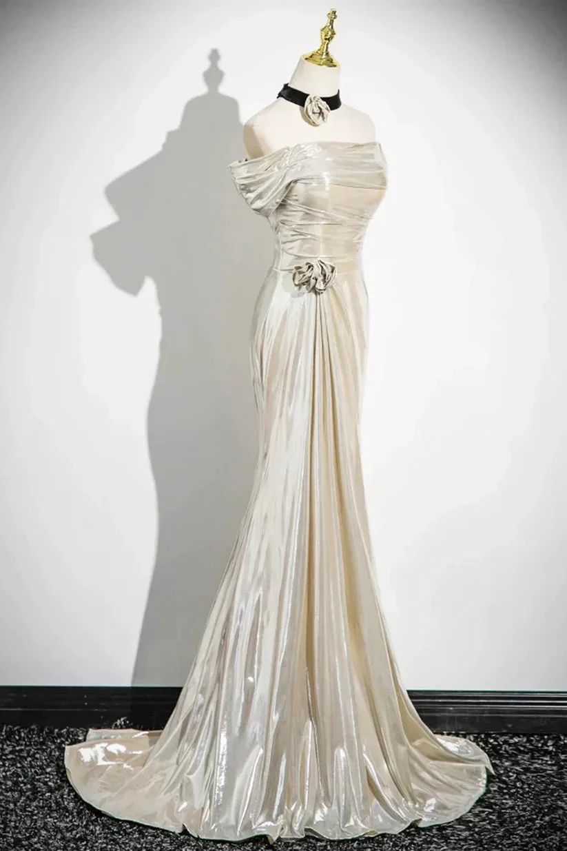 Charming Champagne Off The Shoulder Satin Prom Dress Mermaid Evening Gown Y8202 by simplepromdress