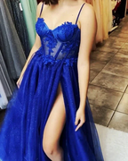 Long Royal Blue Sparkly Corset Embroidered Evening Dress With Slit Y6807 by simplepromdress