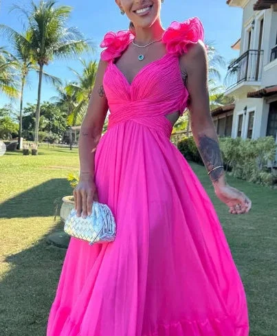 Chiffon A Line Ruffle Prom Dresses for Women V Neck Long Bridesmaid Dresses Backless Formal Evening Gowns Y3043 by simplepromdress